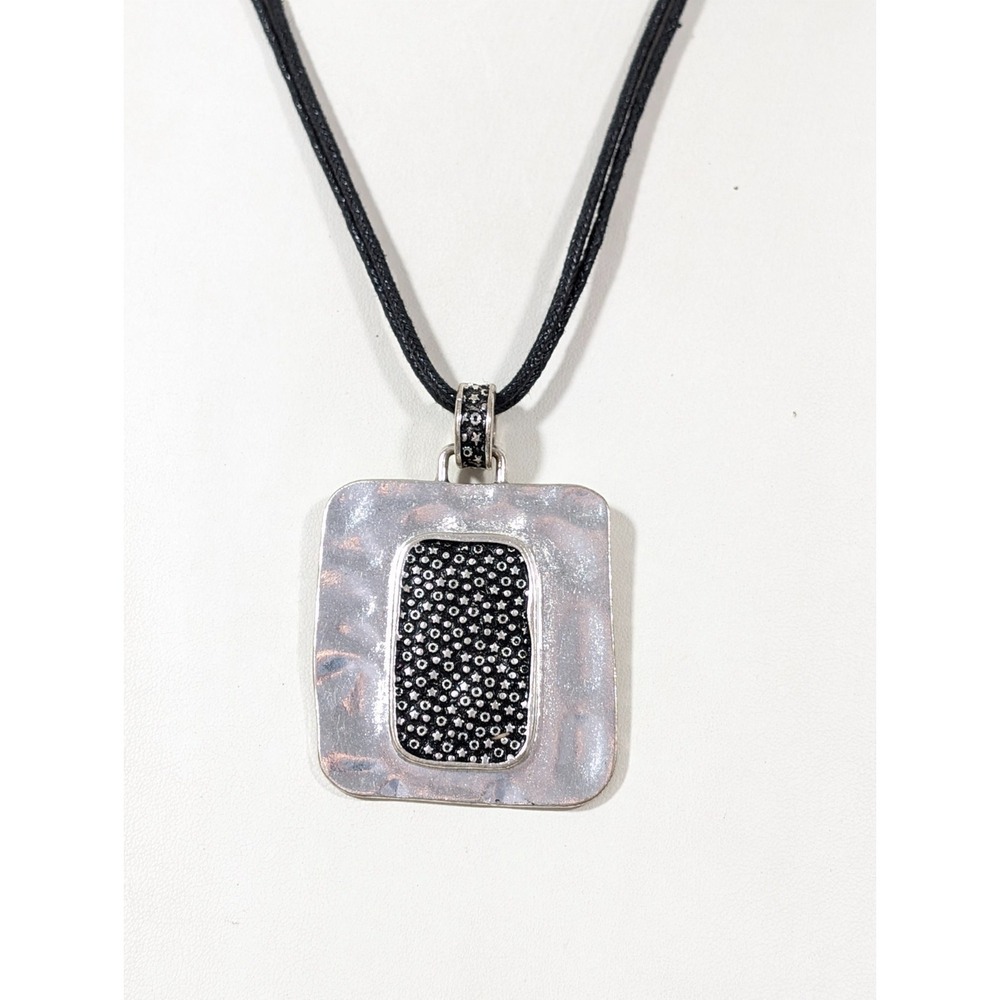 Boho Industrial Hammered Style Pendant Black Cord Necklace Silver Tone